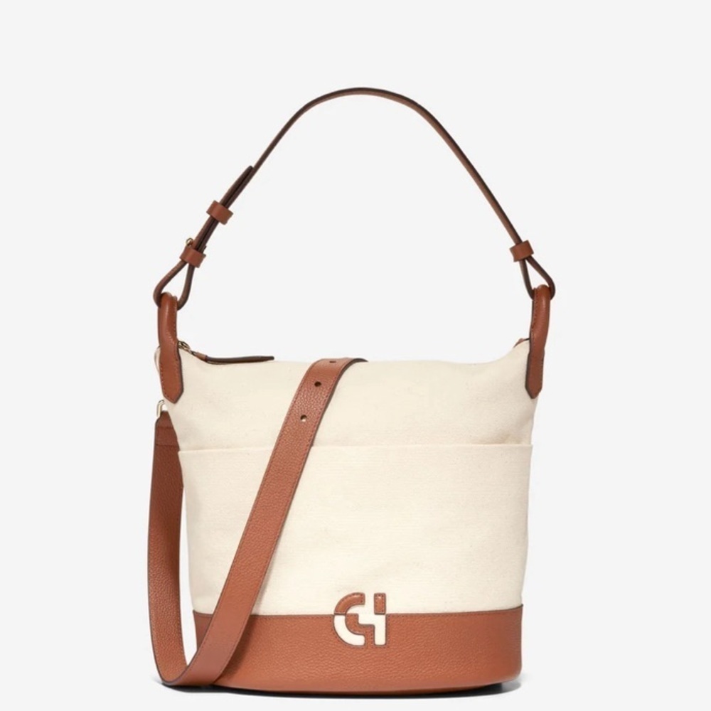 Cole Haan Essential Soft Bucket Canvas Leather Bag Med British Tan NWT